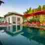 Swimming Pool Area With Sun Loungers & Umbrellas Design With Red Color